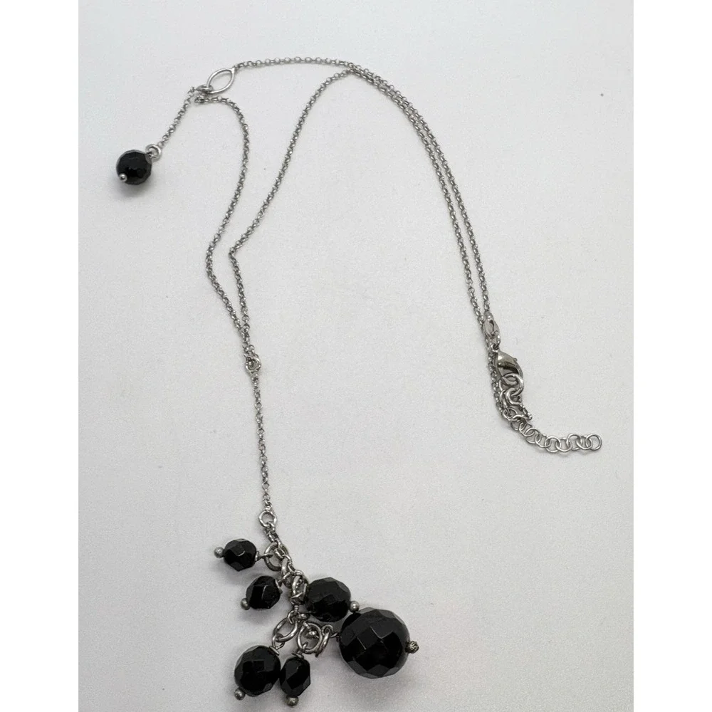 Sterling Silver Y-Drop‎ Necklace Faceted Black Beads Arezzo Italy 925 9.75g